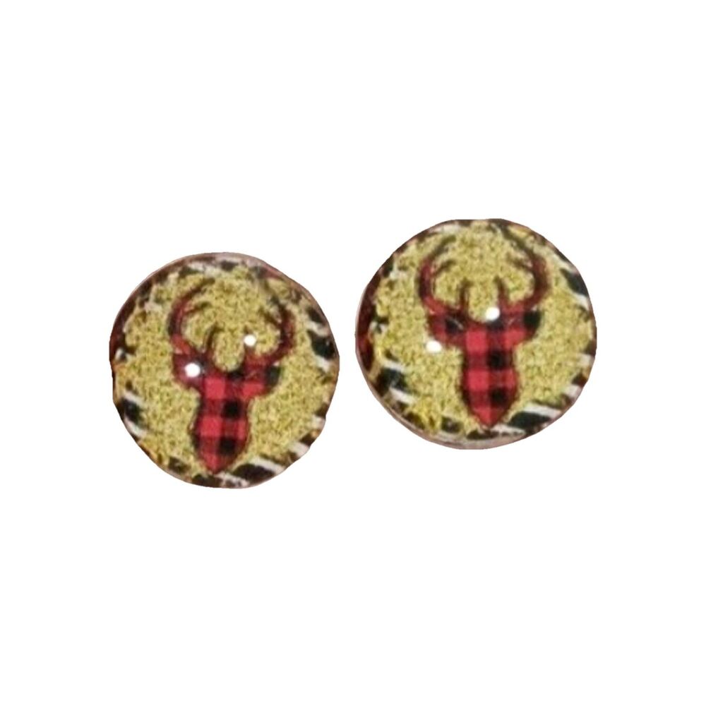Deer Head Pierced Earrings Studs Red & Black Plaid Hunting Nature Woodlands Cute